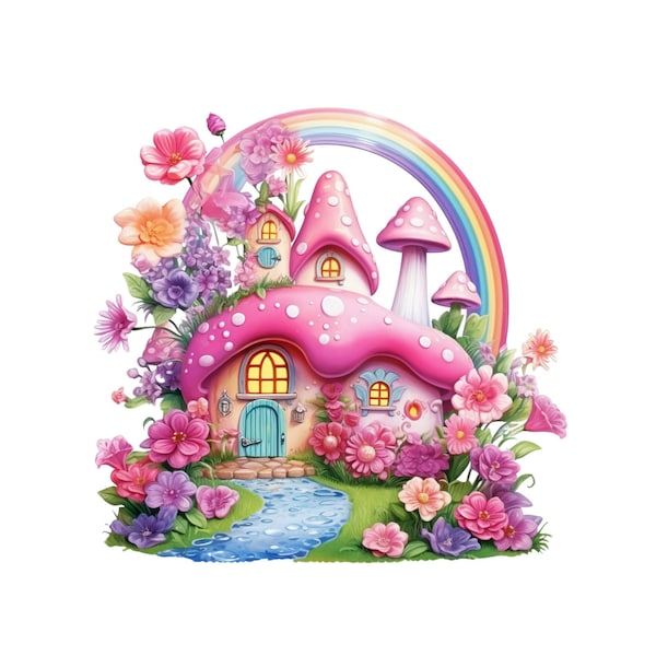 Fairy Cottage, Cute Rainbow Fairy House Clipart, Fairy Tale Home Instant PNG Download Transparency, Girls Rainbow Garden Fairy Printable