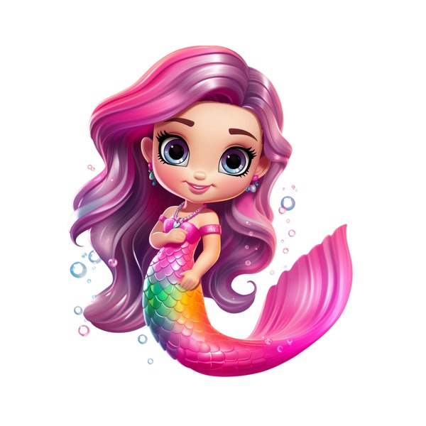 Mermaid, Cute Rainbow Pink Mermaid Clipart PNG, Under the Sea Instant Download Transparency, Girls Mermaid Printable, Cute Mermaid Cartoon