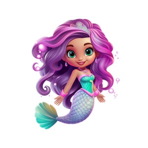 Cute Mermaid Clipart PNG, Mermaid Princess Instant Download Transparency, Under The Sea Image, Girls Aqua Mauve Mermaid Printable