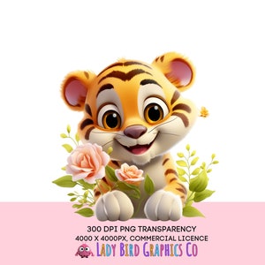 Cute Tiger Clipart, Baby Tiger PNG, Transparent Digital Download, Tiger with Flowers, Kids Clipart, Baby Animal PNG, Cute Clipart
