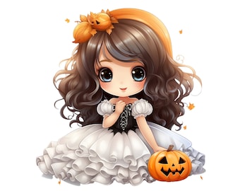 Niedliches Halloween Clipart, Kawaii Halloween Mädchen, Sofortiger Download Halloween Chibi PNG, Mädchen Halloween Cliparts, Niedliches Gruseliges Chibi PNG