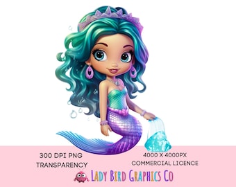 Cute Mermaid Illustration, PNG and Jpeg Mermaid Graphic, Transparent Background, Blue and Purple Mermaid clipart, Girls Mermaid Printable