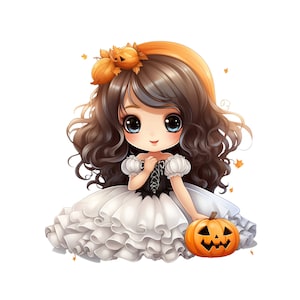 Clipart Halloween mignon, Halloween Kawaii Girl, téléchargement immédiat Halloween Chibi PNG, Clipart Halloween filles, saison effrayante mignonne Chibi PNG