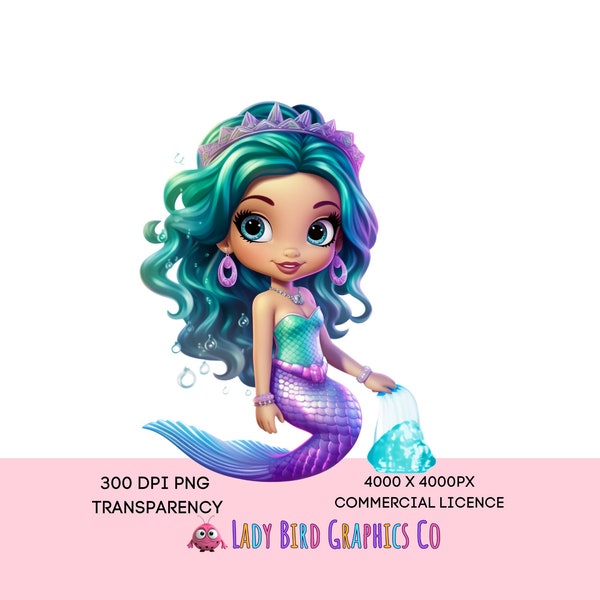 Cute Mermaid Illustration, PNG and Jpeg Mermaid Graphic, Transparent Background, Blue and Purple Mermaid clipart, Girls Mermaid Printable