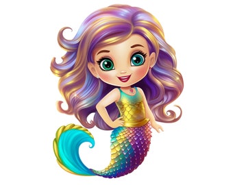 Mermaid, Cute Rainbow Mermaid Clipart PNG Instant Download Transparency, Cute Mermaid  Printbale, Chibi Mermaid Clipart Cartoon