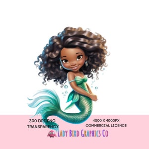 Illustrazione di sirena carina, sirena afroamericana, clipart di sirena nera, download digitale trasparente PNG e JPeG, sirena verde carina