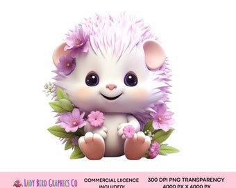 Baby Hedgehog Clipart, Pastel Porcupine PNG Transparency, Cute Lilac Echidna with Flowers, Instant Download Cartoon Printable