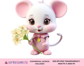 Cute Mouse Clipart, Baby Mouse PNG Transparency, Pastel White Mouse with Flowers, Instant Download Cartoon Printable, Mice Clipart, Baryard