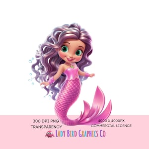 Niedliche rosa Meerjungfrau PNG und Jpeg Grafik, niedliche Meerjungfrau Clipart, Mädchen druckbares Design, unter dem Meer Grafik Mädchen, Meerjungfrau digitaler Download