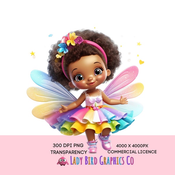 Cute Baby Fairy, Bright Afro Rainbow Fairy PNG Digital Download, Cute Toddler Fairy Clipart, Nursery PNG Image, Girls Cute Fairy Printable