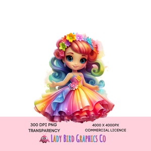 Regenbogen Prinzessin Clipart, süße Prinzessin PNG sofortiger Download, Regenbogen Prinzessin Cartoon, Prinzessin druckbare Grafik, Mädchen Prinzessin Bild