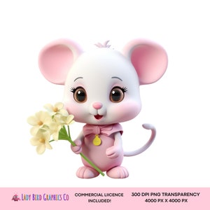 Mignon souris Clipart, bébé souris PNG transparence, souris blanche pastel avec des fleurs, téléchargement instantané dessin animé imprimable, souris Clipart, Baryard