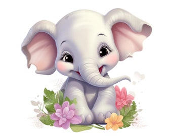 Niedlicher Elefant Clipart, Baby Elefant PNG, transparenter digitaler Download, Elefant mit Blumen, Kinder Clipart, Baby Tier PNG, niedlichen Clipart