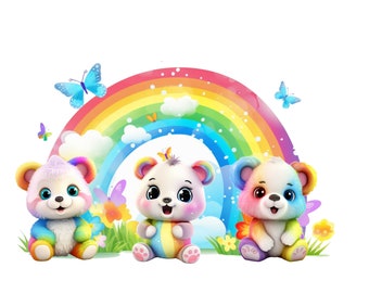 Teddy Bears, Cute Rainbow Teddy Bear Clipart, Teddy Bear PNG Instant Download Tranpsrency, Teddy Bears and Butterflies Printable