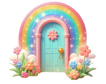 Fairy Door, Cute Rainbow Fairy Door Clipart, Fairy Tale House Instant PNG Download Transparency, Glittery Rainbow Fairy Door Printable