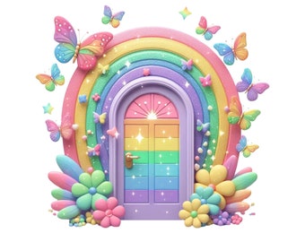Fairy Door, Cute Rainbow Fairy Door Clipart, Fairy Tale House Instant PNG Download Transparency, Fairy Door and Butterflies Printable