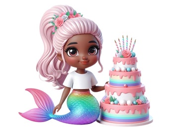 Birthday Mermaid Clipart: Rainbow Tail, Cake PNG (Digital Download)