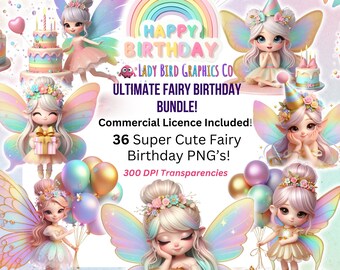 Paquete de imágenes prediseñadas de hadas para cumpleaños, paquete de hadas PNG grandes para cumpleaños, transparencias digitales, imágenes prediseñadas lindas de hadas para fiestas de niñas
