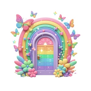 Feentür, niedlicher Regenbogen Feentür Clipart, Märchenhaus Instant PNG Download Transparenz, Feentür und Schmetterlinge Printable