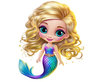 Cute Mermaid PNG, Mermaid Clipart, Instant Download Transparency, Under The Sea Image, Girls Aqua Blonde Mermaid Printable Sublimation