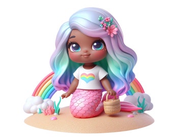 Mermaid Clipart, Beach Mermaid Image, Rainbow Mermaid PNG, Transparent Digital Download, Cute Mermaid Sublimation Commercial Licence