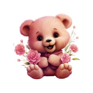 Teddy Bear, Cute Flower Teddy Bear Clipart, Girls Teddy Bear PNG Instant Download Transparency, Cute Teddy Bear Printable, Baby Teddy Bear
