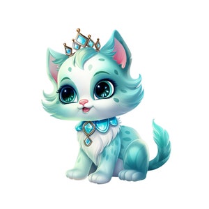 Princess Cat Clipart, Royal Cat PNG Digital Download, Aqua Princess Kitten Cartoon, Girls Blue Princess Pet Cat Printable, Cat with Crown