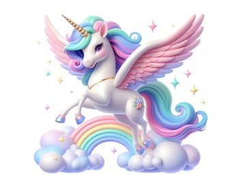 Flying Unicorn, Cute Rainbow Unicorn Clipart, Pegasus Unicorn PNG Instant Download Transparency, Unicorn with Wings, Unicorn PNG
