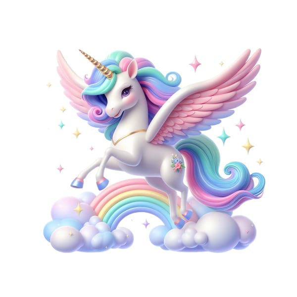 Flying Unicorn, Cute Rainbow Unicorn Clipart, Pegasus Unicorn PNG Instant Download Transparency, Unicorn with Wings, Unicorn PNG