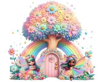 Fairy Tree, Cute Rainbow Fairy Door Clipart, Fairy Tale Tree Instant PNG Download Transparency, Rainbow Fairy Door and Tree Printable