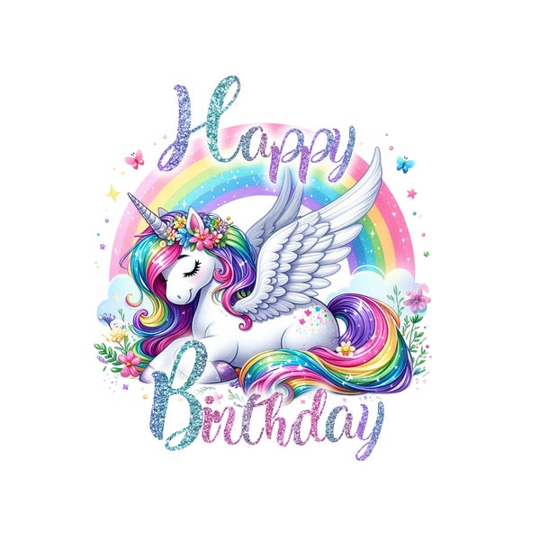 Unicorn Birthday Clipart, Girls Birthday PNG, Rainbow Glitter Unicorn Digital Download Transparency, Unicorn Birthday PNG