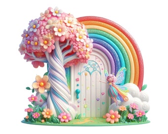 Fairy Door, Cute Rainbow Fairy Door Clipart, Fairy Tale Tree Instant PNG Download Transparency, Rainbow Fairy Door and Tree Printable