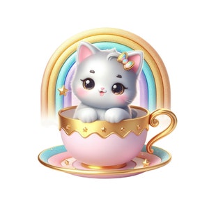 Cute Kitten Clipart, Colourful Cat in a Cup PNG, Kitten Instant Download Transparency,  Cute Kitty Printable, Cat in a Teacup Image