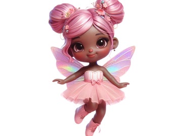 Pink Fairy Clipart: Dark Skinned Girl, Ballerina Skirt (PNG Digital Download)