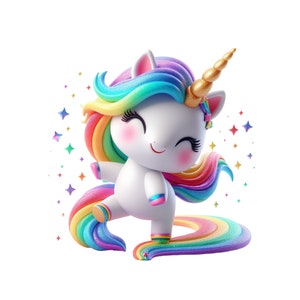 May include: A cheerful white unicorn with a golden horn and a rainbow mane and tail. The unicorn is smiling and dancing, surrounded by colorful stars. A whimsical and vibrant illustration.