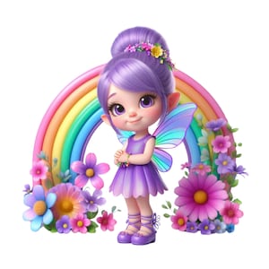 Imágenes prediseñadas de hadas lindas, hada de flores moradas PNG descarga instantánea, hadas para imprimir, dibujos animados de transparencia de hadas moradas, imágenes prediseñadas para niñas