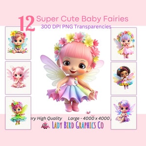 Cute Baby Fairies Clipart Bundle, Twelve Fairies PNG Bundle, Transparent Images, Cute Garden Fairies, Baby Fairies, Rainbow Fairy Printables