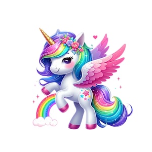 Unicornio, Lindo Unicornio Arcoíris Clipart, Unicornio Pegaso PNG Descarga Instantánea Transparencia, Unicornio con Alas, Lindo Unicornio para Niñas PNG Clipart