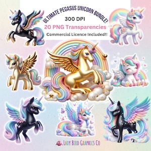 Cute Unicorn Clipart Bundle, Pegasus Unicorn PNG Bundle, Digital Transparencies, Cute Rainbow Unicorn Clipart PNG Images, Commercial Use