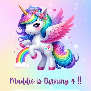 K&ouml;nnte beinhalten: Eine farbenfrohe Einladung mit einem Cartoon-Einhorn, einer Regenbogenm&auml;hne, Fl&uuml;geln und einem goldenen Horn. Der Text lautet "Maddie wird 4 !!" und enth&auml;lt Party-Details. Der Hintergrund ist ein Pastellverlauf.