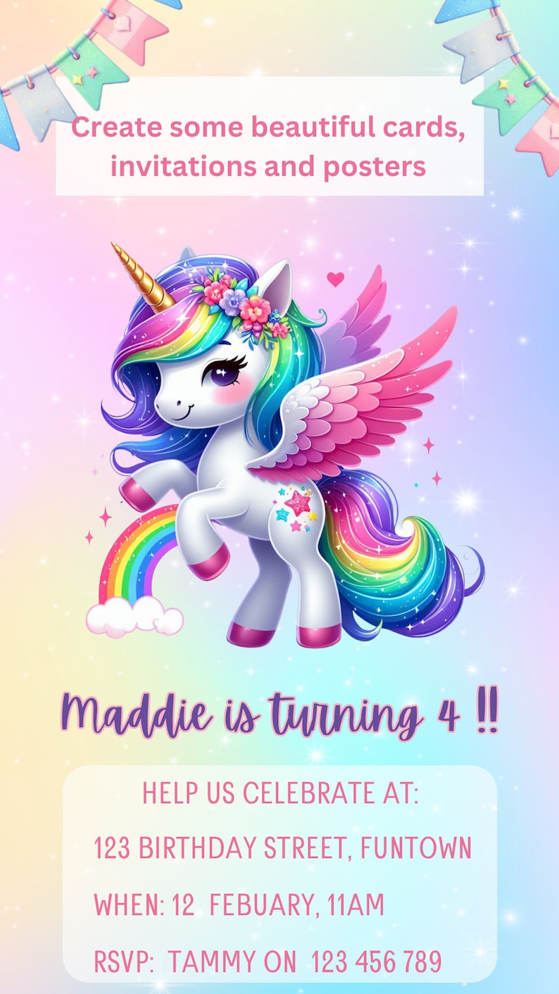 K&ouml;nnte beinhalten: Eine farbenfrohe Einladung mit einem Cartoon-Einhorn, einer Regenbogenm&auml;hne, Fl&uuml;geln und einem goldenen Horn. Der Text lautet "Maddie wird 4 !!" und enth&auml;lt Party-Details. Der Hintergrund ist ein Pastellverlauf.