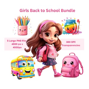 School Clipart, Girls Back to School Clipart Bundle, Cute School Clipart Set, School PNG Transparencies Bundle, Teachers Clipart Printable
