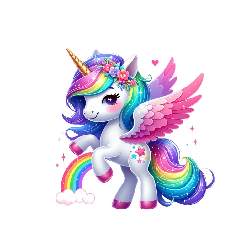 Cute bright rainbow unicorn with wings, pegasus clipart png transparency