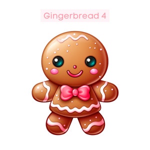 May include: A gingerbread person with a pink bow, white icing, and blue eyes. The gingerbread person is smiling and has a pink blush on its cheeks.