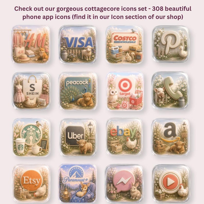 May include: A collection of 16 phone app icons with a cottagecore aesthetic. Each icon features a different brand logo, such as Visa, Target, and Etsy, set within a whimsical, illustrated scene with animals and nature elements.