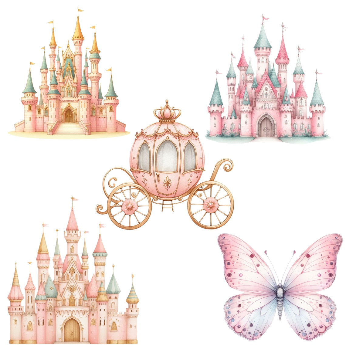 Pink Princess Clipart Bundle: Watercolor Fairytale Kingdom (PNG) - Etsy