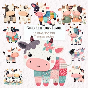 Cute Cow Clipart, Patchwork Cows PNG, Transparent Digital Download, Cottagecore Style Cow Illistrations, Cute Cow Cartoon Clipart Bundle