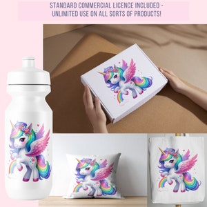 K&ouml;nnte beinhalten: Wei&szlig;e Wasserflasche, Kissen, Tragetasche und Box mit einem farbenfrohen Einhorn-Design. Das Einhorn hat eine Regenbogenm&auml;hne, Fl&uuml;gel und Schwanz und tr&auml;gt einen Blumenkranz. Text: STANDARD COMMERCIAL LICENCE INCLUDED - UNLIMITED USE ON ALL SORTS OF PRODUCTS!