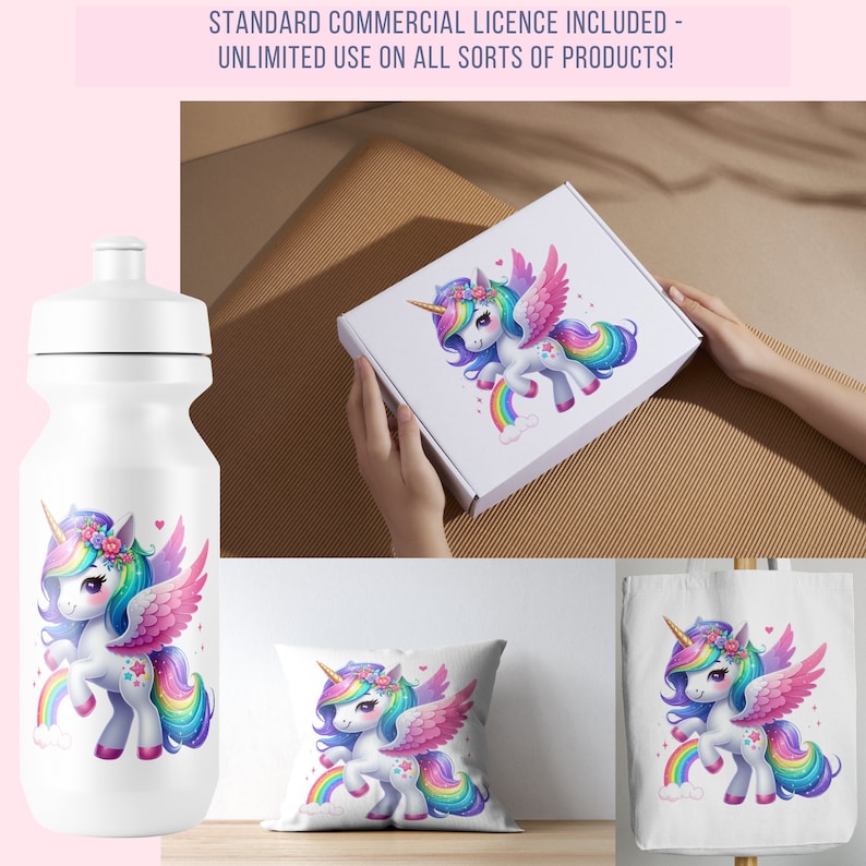 K&ouml;nnte beinhalten: Wei&szlig;e Wasserflasche, Kissen, Tragetasche und Box mit einem farbenfrohen Einhorn-Design. Das Einhorn hat eine Regenbogenm&auml;hne, Fl&uuml;gel und Schwanz und tr&auml;gt einen Blumenkranz. Text: STANDARD COMMERCIAL LICENCE INCLUDED - UNLIMITED USE ON ALL SORTS OF PRODUCTS!