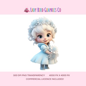 Cute Winter Princess PNG, Pastel Princess Clipart, Cute Princess Instant Downlaod Transparency, Light Blue Princess with Flowers Image
